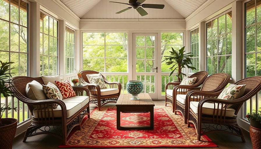 Screened in porch ideas with wicker furniture and colorful rug