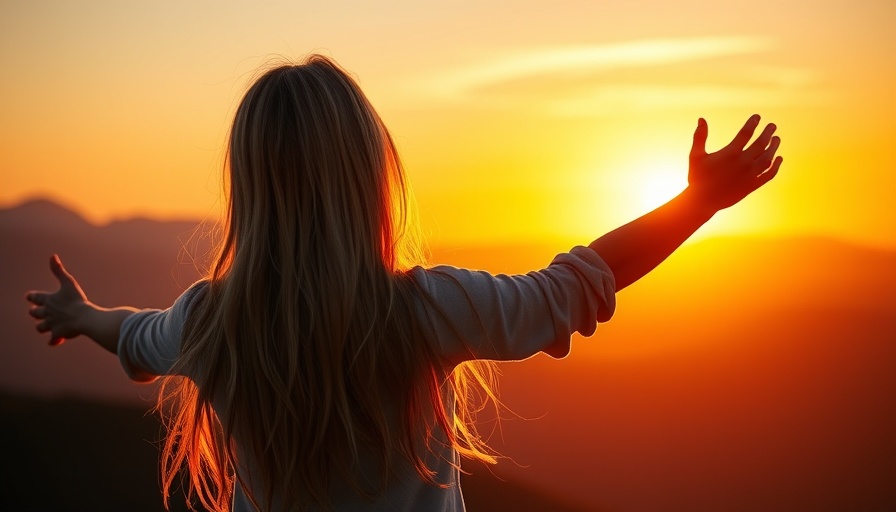 Blonde woman embracing sunrise with open arms.