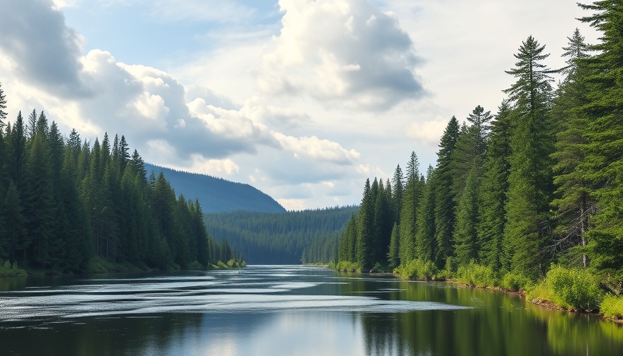 Idaho attractions and real estate, tranquil river and forest scene.