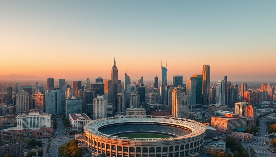 Aerial view of Nashville skyline and stadium at sunset.