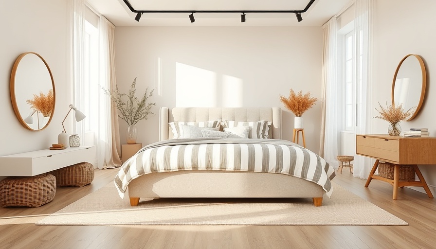 Stylish bedroom with stripe patterns and natural tones.