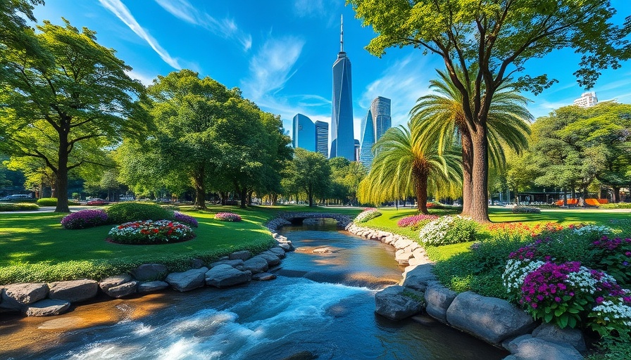 Serene park in Oklahoma with stream and city skyline, illustrating pros and cons of living in Oklahoma.