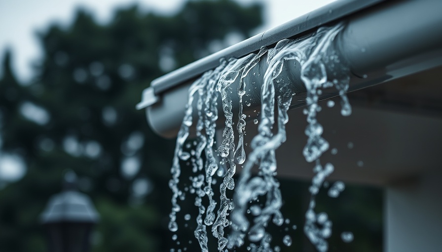 Gutter overflowing with rainwater, storm preparation scene.