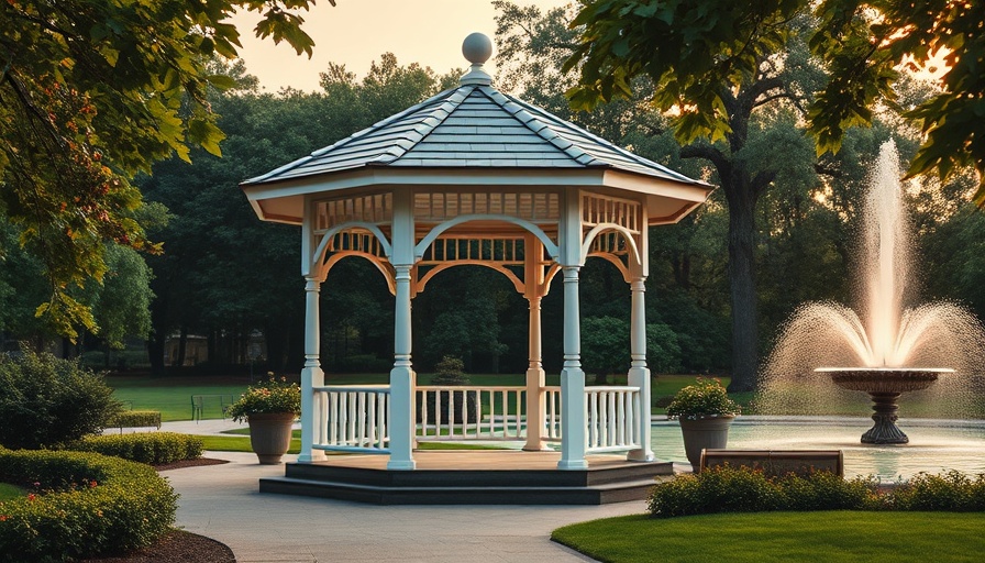Beautiful park gazebo by a fountain during golden hour.