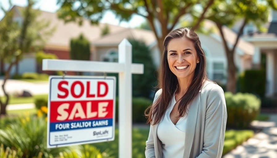 Confident woman smiling next to a sold real estate sign, house sale success