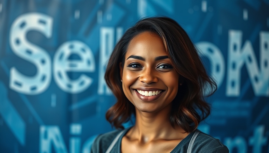 Confident woman smiling with blue abstract background and text related to real estate consolidation trends.