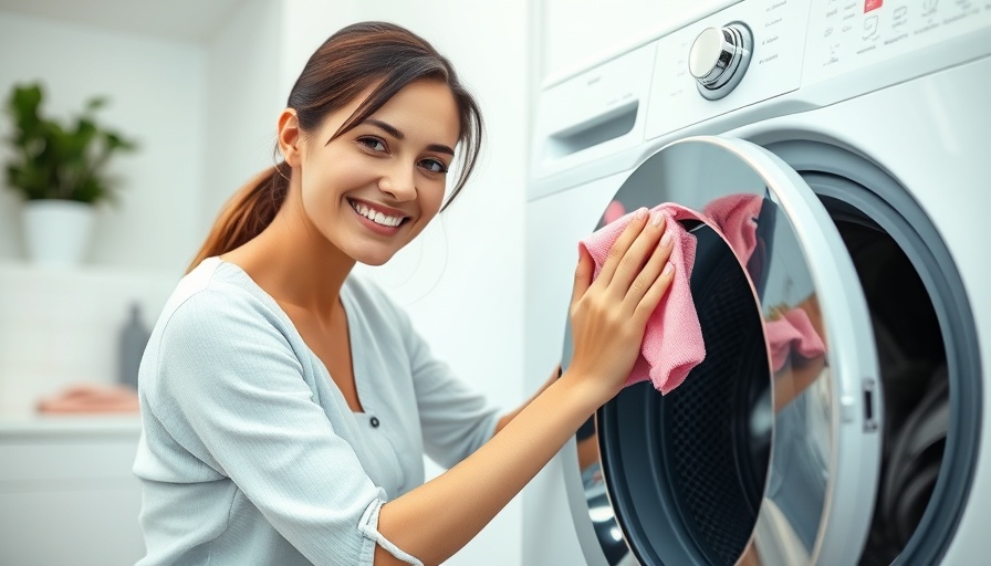Smiling woman cleaning washing machine with a cloth, bright laundry room.