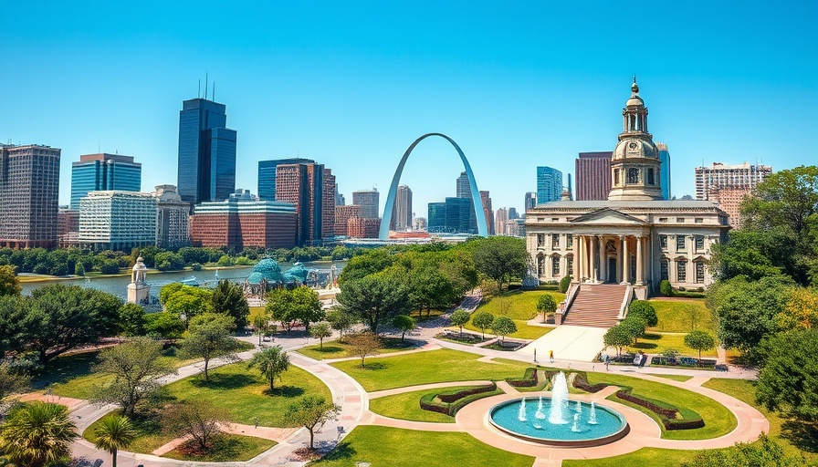 Pros and Cons of Living in Missouri: St. Louis skyline with Gateway Arch.