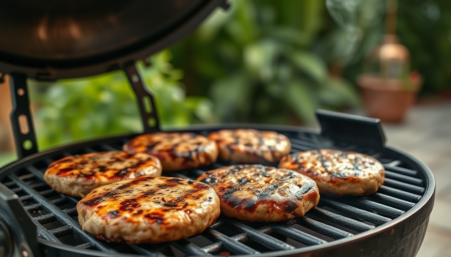 Sizzling hamburger patties on outdoor charcoal grill, backyard setting.