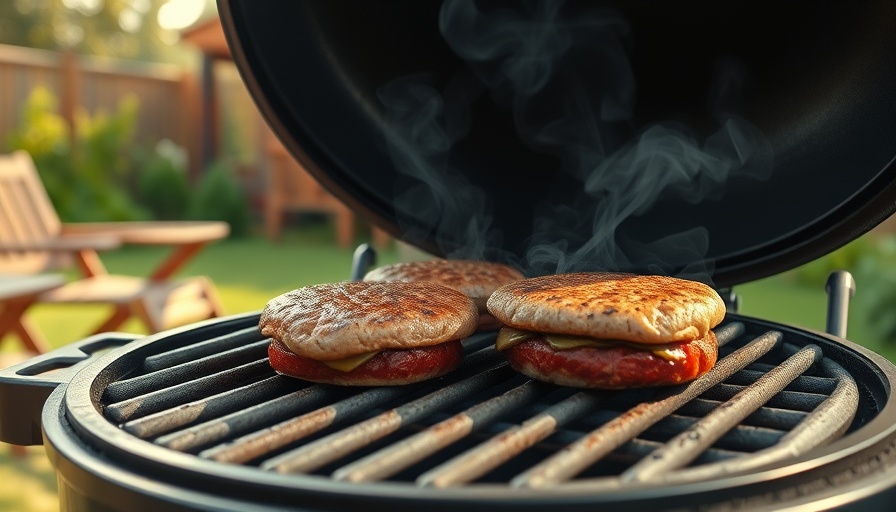 Outdoor grill station ideas with burgers cooking and smoke rising.