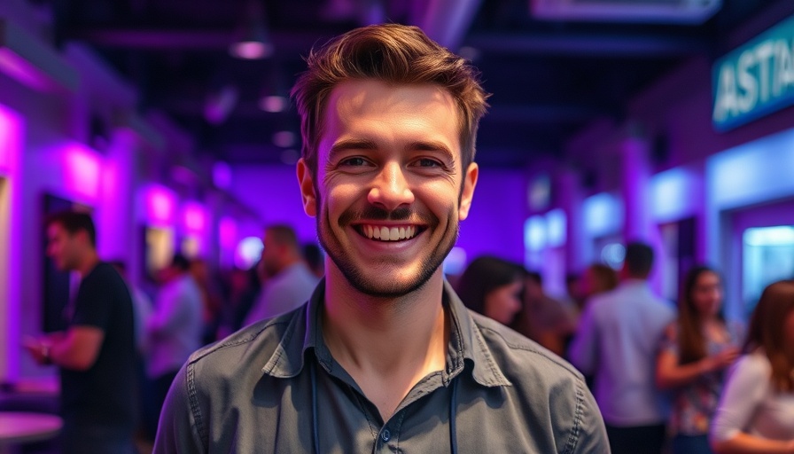 Smiling man in a relaxed purple-lit setting, related to mental health diversion programs.