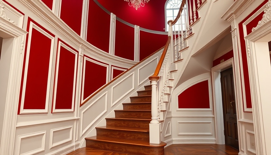 Elegant staircase with wainscoting against red walls.