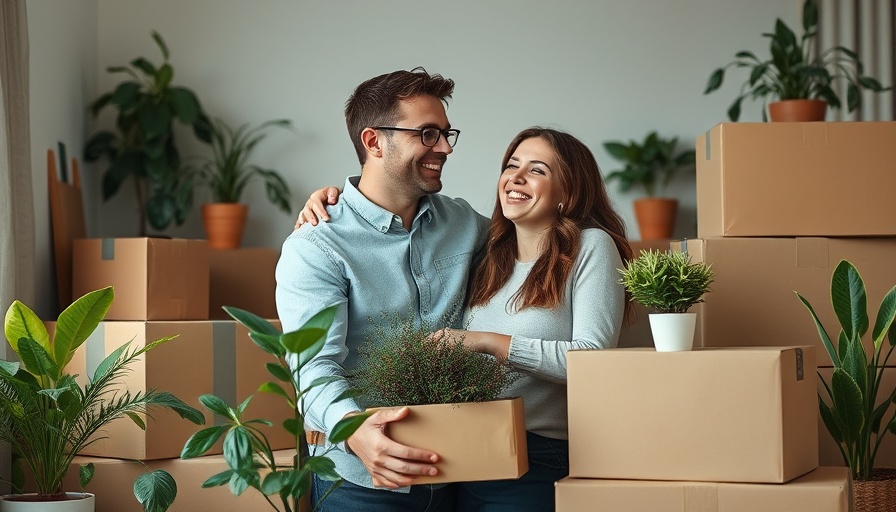 Happy couple embracing amidst moving boxes and houseplants.