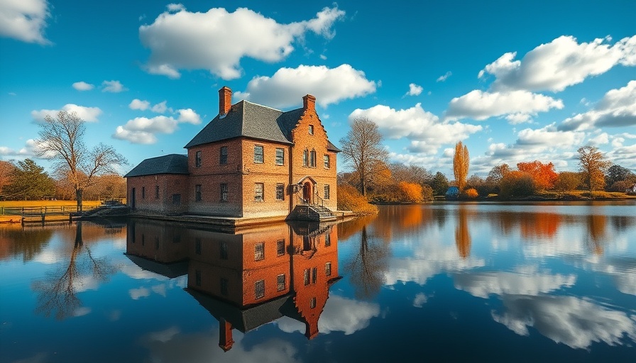 Charming historic brick building by a lake under a bright sky in Illinois.