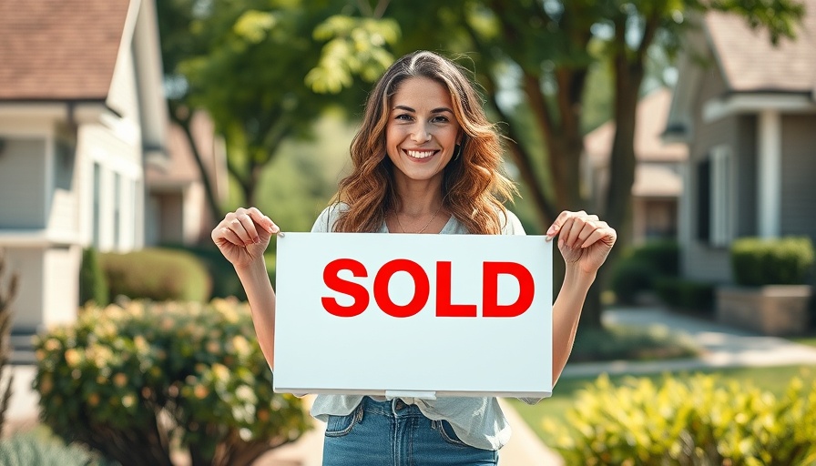 Confident woman with sold house sign, considering 'should I sell my house now'.