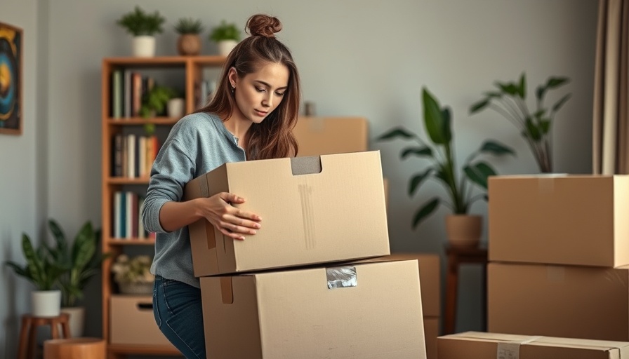 Young woman arranging cheap moving boxes in a room with plants.