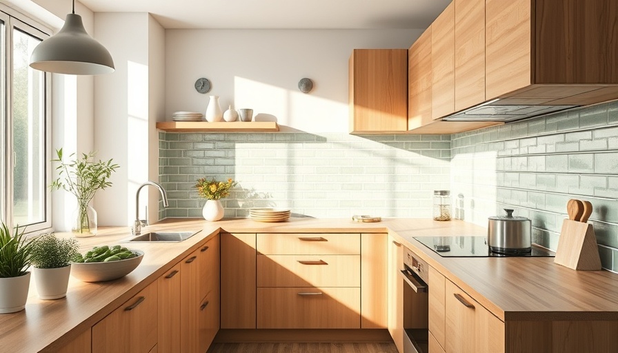 Modern kitchen with clean wood countertops and green tiled backsplash highlighting wood kitchen countertops care.