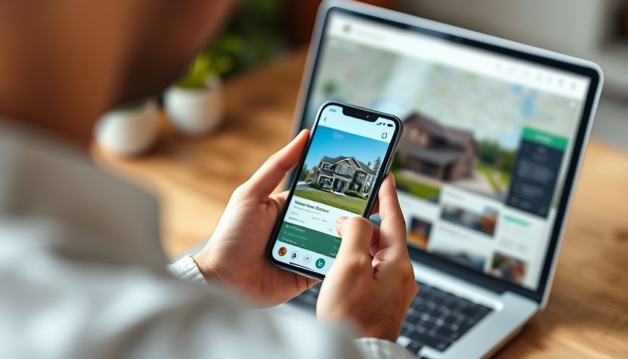 Person using smartphone to browse real estate listings with map on laptop.