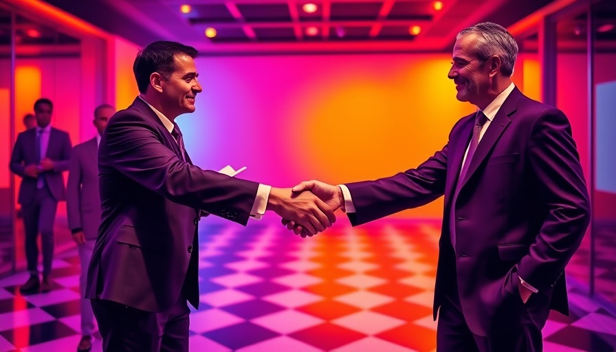 Abstract business agreement with handshake, vibrant colors, checkered floor.