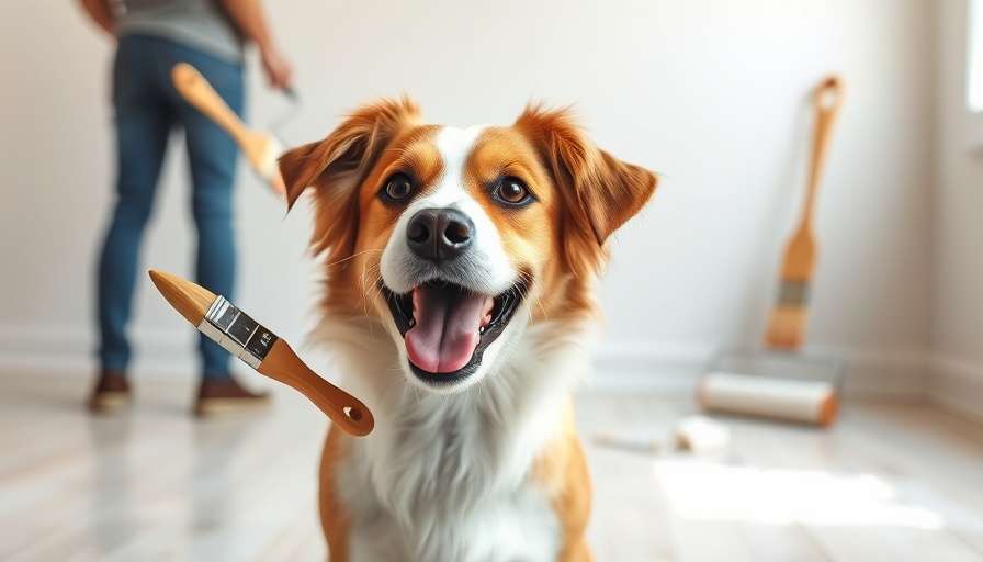 Dog with paintbrush in focus, blurry people painting background.