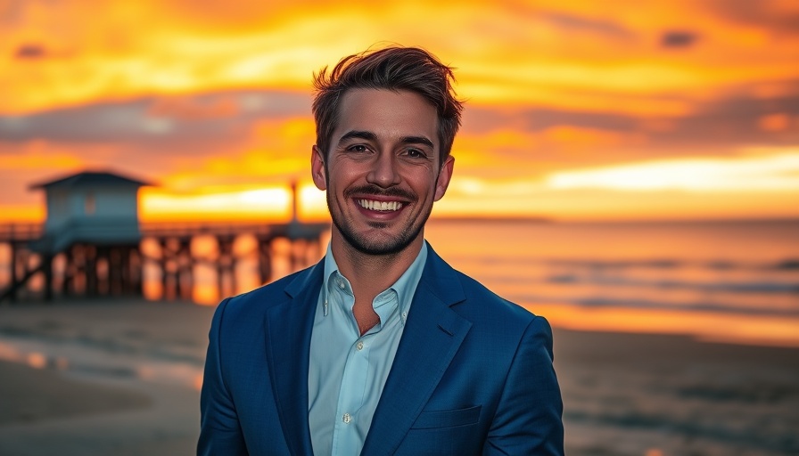 Smiling man in a suit at South Bay beach sunset, RE/MAX AEGIS South Bay.