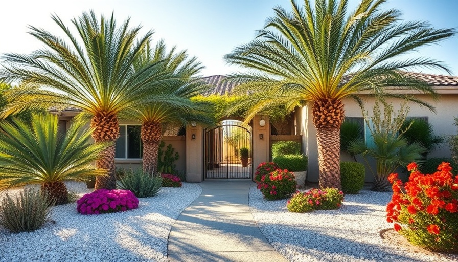 Xeriscaped yard with palms and flowers demonstrating how to xeriscape.