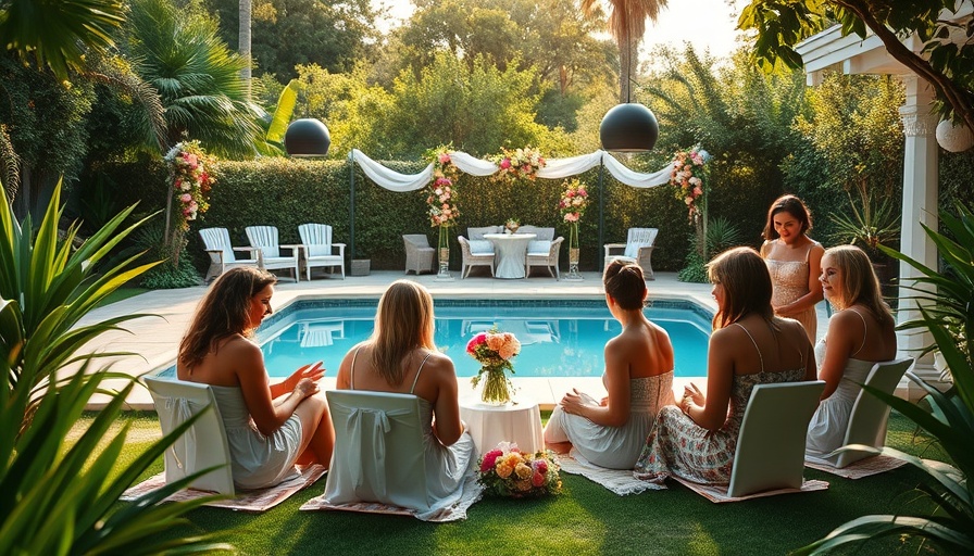 Outdoor baby shower gathering with women around picnic setup.