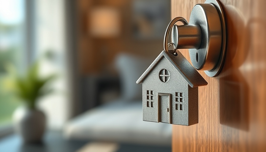 Key with house keychain in lock symbolizing home ownership decision.
