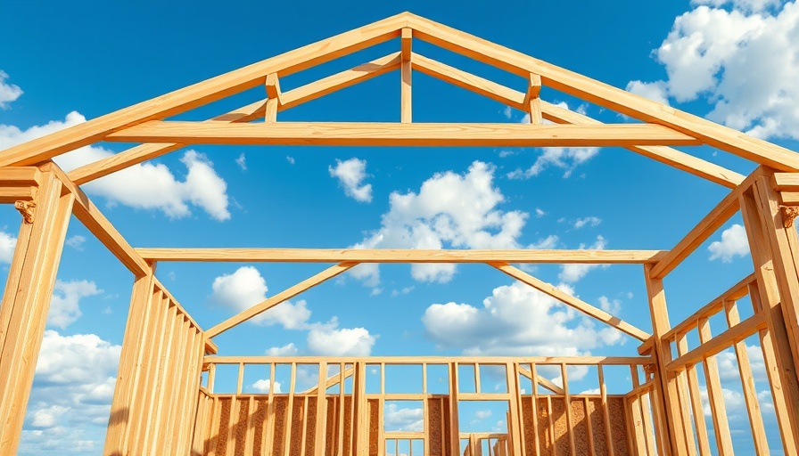 Wooden framework of an unfinished house with a blue sky.