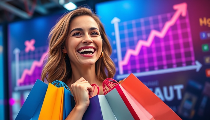 Cheerful woman with shopping bags and TikTok sales chart.