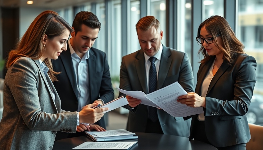 Group signing option contracts in real estate, modern office.