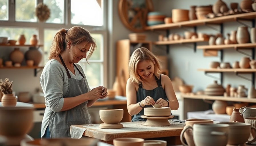 Two women sculpting clay in a cozy home pottery studio.