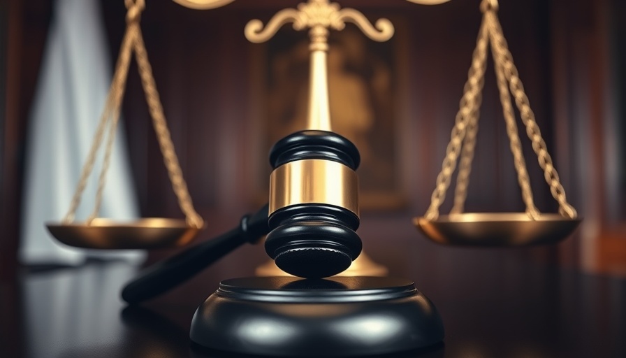 Scales of justice on a gavel in a courtroom setting, symbolizing legal proceedings.