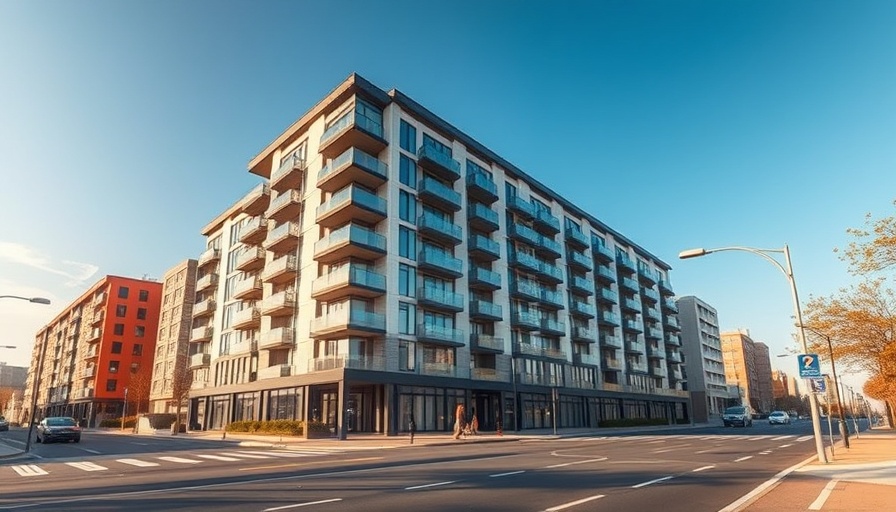 Modern urban apartment building on a city street with clear blue sky, tips for renting an apartment.