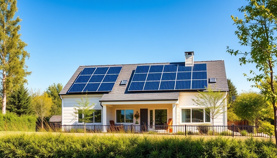 Modern house with solar panels on roof against blue sky.