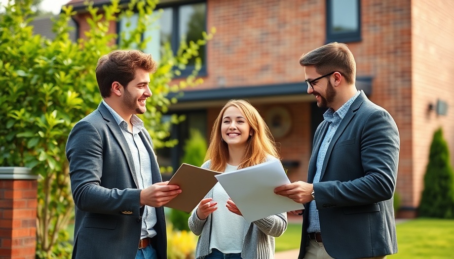 Young couple and agent discuss home inspection for mortgage in front of house.