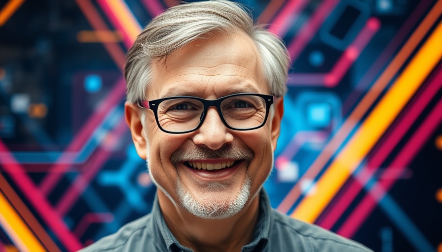 Confident man smiling with digital abstract background