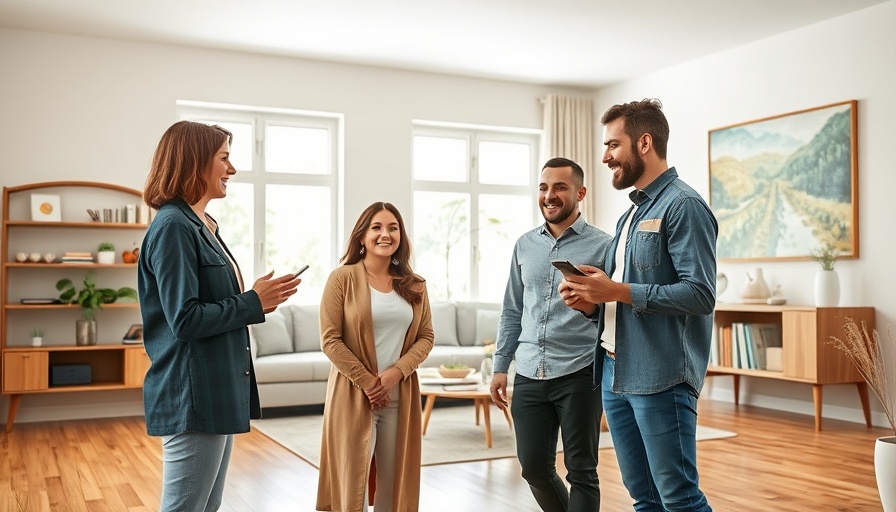 Young couple with agent discussing home, house hunting tips for buyers.