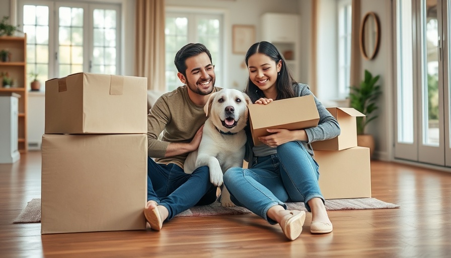 Family settling into new house with moving boxes and pet dog.