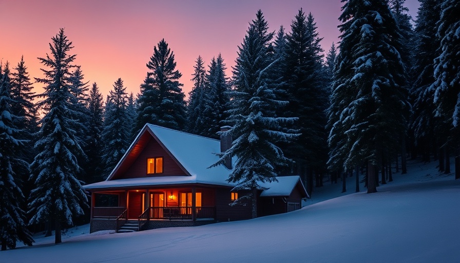 Charming snowy house on wish list with warm glow set in a forest at twilight.