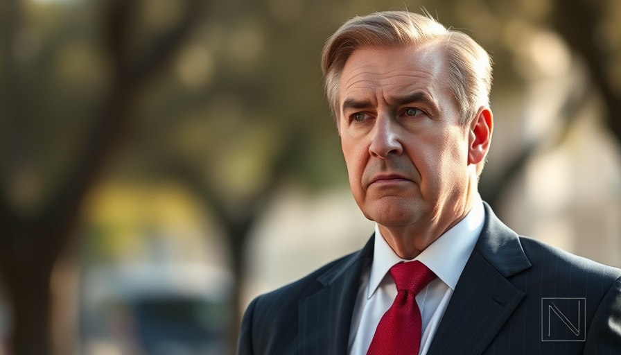 Middle-aged man in formal suit outdoors, thoughtful, blurred background.