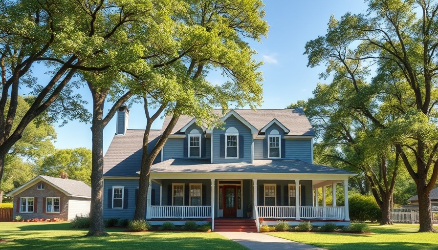 Charming grey country house with porch, surrounded by trees.