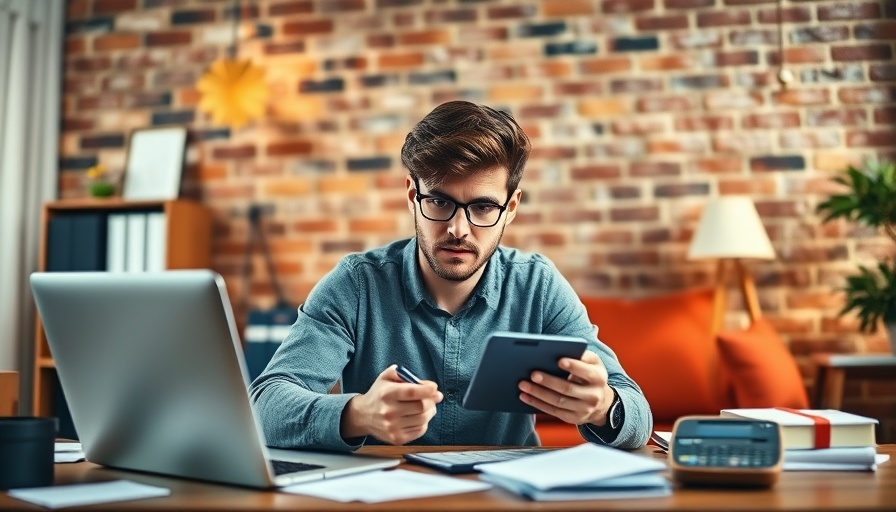 Young adult calculating mortgage note details in modern home office.
