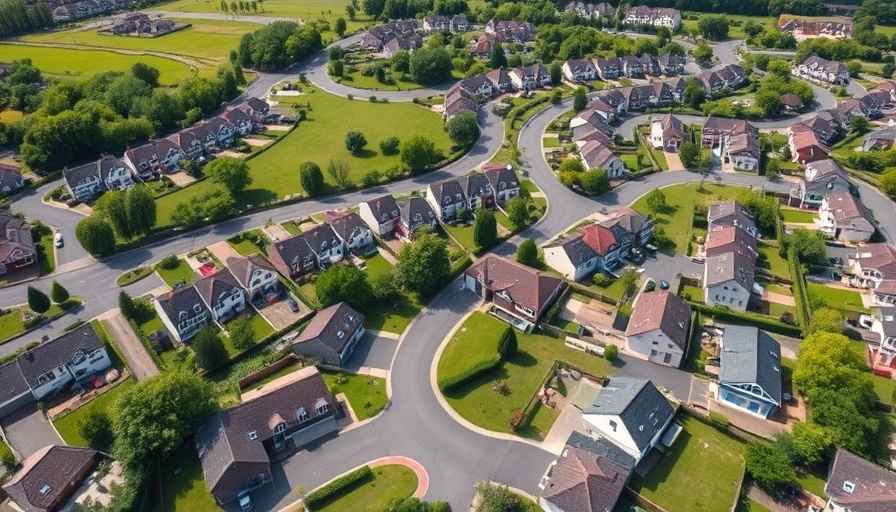 Aerial view of suburb highlighting US home prices.