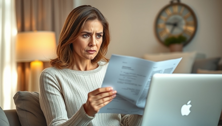 Concerned woman pondering over mortgage statement at home.