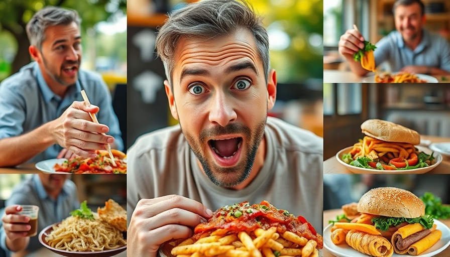 Man engaging with food, vibrant collage for real estate social media leads.