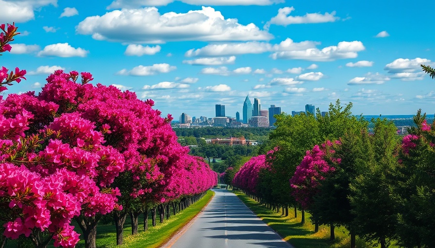 Vibrant pink flowers lining a road with Raleigh skyline.
