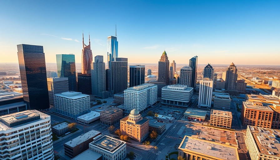 Oklahoma City skyline at sunset, vibrant and dynamic view.
