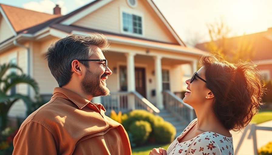 Falling mortgage rates impact on homebuyers illustrated by a couple admiring a home.
