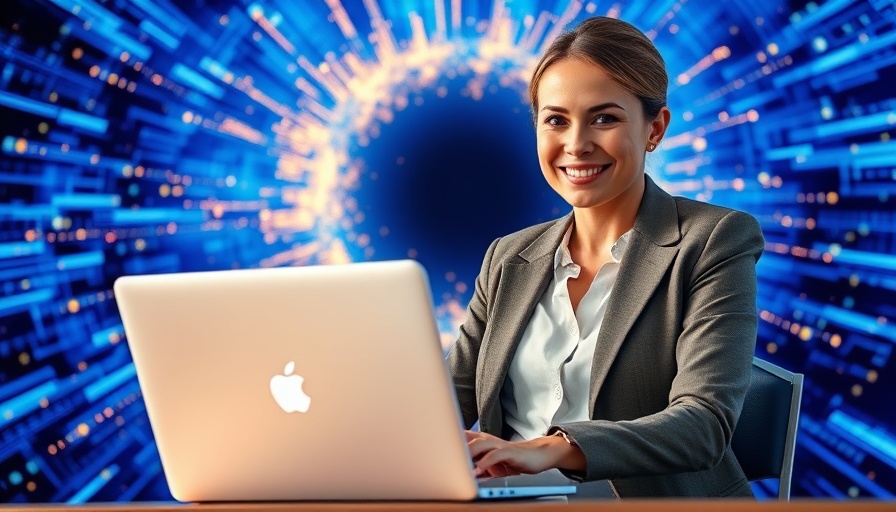 Confident businesswoman relaxed with laptop, abstract magnetic field background.